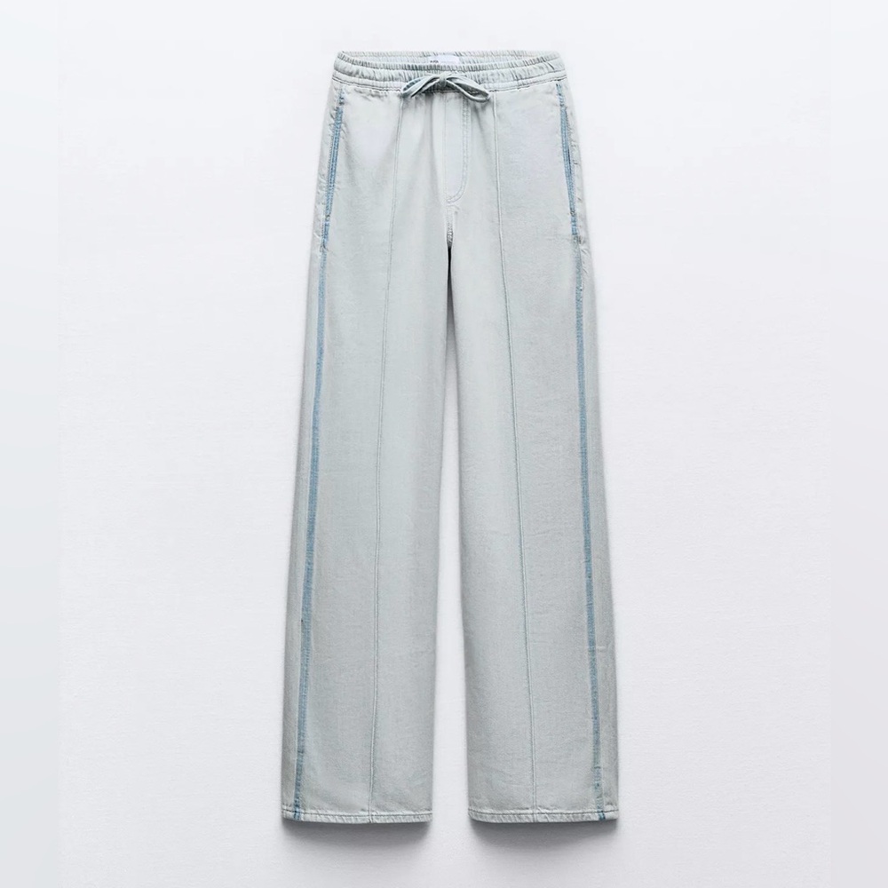 Zara TRF Denim Jogger Light Blue Wide-Leg Drawstring Jeans
